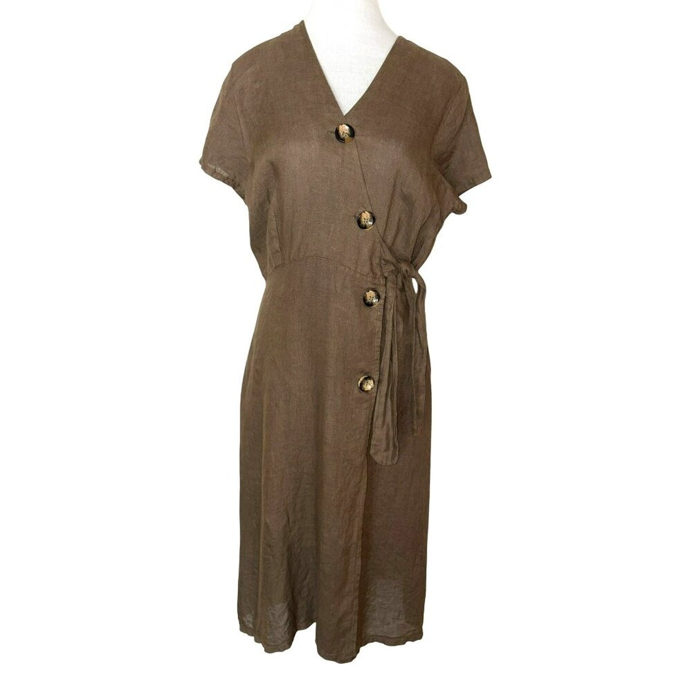 Alessia Pacini Olive Green Linen Midi Wrap Dress W/ Button Detail Size S